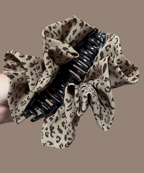 フリルリボン バンスクリップ ヒョウ柄 レディース おしゃれ ヘアクリップ レオパード柄 ヘアアレンジ 大人かわいい 簡単まとめ髪 フェミニン ヘアアクセサリー 88CXH-136