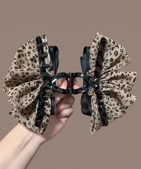 フリルリボン バンスクリップ ヒョウ柄 レディース おしゃれ ヘアクリップ レオパード柄 ヘアアレンジ 大人かわいい 簡単まとめ髪 フェミニン ヘアアクセサリー 88CXH-136