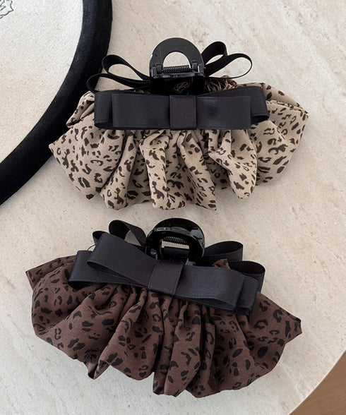 フリルリボン バンスクリップ ヒョウ柄 レディース おしゃれ ヘアクリップ レオパード柄 ヘアアレンジ 大人かわいい 簡単まとめ髪 フェミニン ヘアアクセサリー 88CXH-136