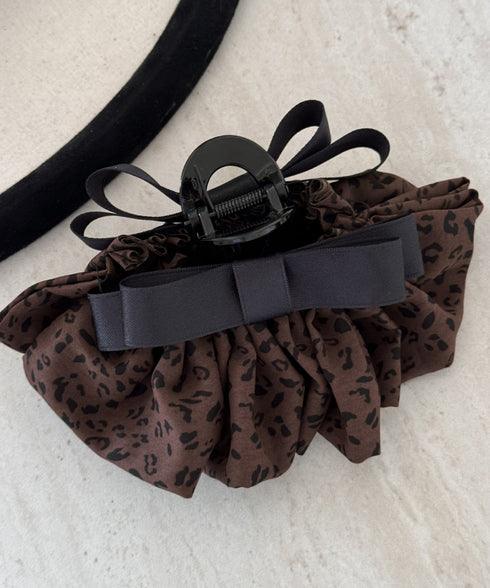 フリルリボン バンスクリップ ヒョウ柄 レディース おしゃれ ヘアクリップ レオパード柄 ヘアアレンジ 大人かわいい 簡単まとめ髪 フェミニン ヘアアクセサリー 88CXH-136