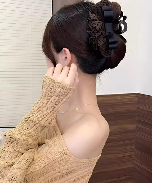 フリルリボン バンスクリップ ヒョウ柄 レディース おしゃれ ヘアクリップ レオパード柄 ヘアアレンジ 大人かわいい 簡単まとめ髪 フェミニン ヘアアクセサリー 88CXH-136
