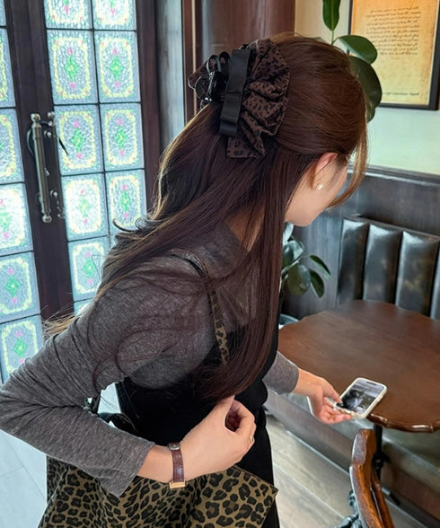 フリルリボン バンスクリップ ヒョウ柄 レディース おしゃれ ヘアクリップ レオパード柄 ヘアアレンジ 大人かわいい 簡単まとめ髪 フェミニン ヘアアクセサリー 88CXH-136