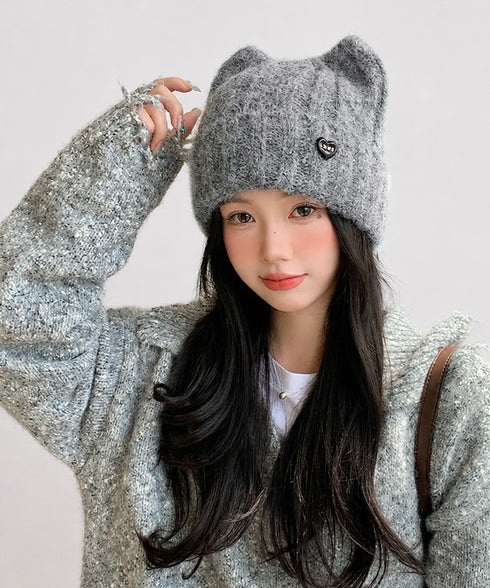 猫耳ニット帽 小顔 ニットビーニー防寒 レディース 可愛い ワッチキャップ リブ編み 被りやすい ニット帽 ハートモチーフ 大人カジュアル 秋冬帽子 折り返し 88CXH-147