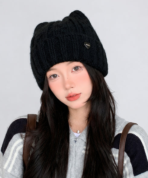 猫耳ニット帽 小顔 ニットビーニー防寒 レディース 可愛い ワッチキャップ リブ編み 被りやすい ニット帽 ハートモチーフ 大人カジュアル 秋冬帽子 折り返し 88CXH-147