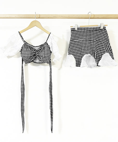 千鳥格子 セパレート水着 レディース夏海 パフスリーブ タンキニ 水着2点セット 大人可愛い インスタ映え水着 おしゃれ ビーチウェア韓国ファッション 露出控えめ 88CXH-150