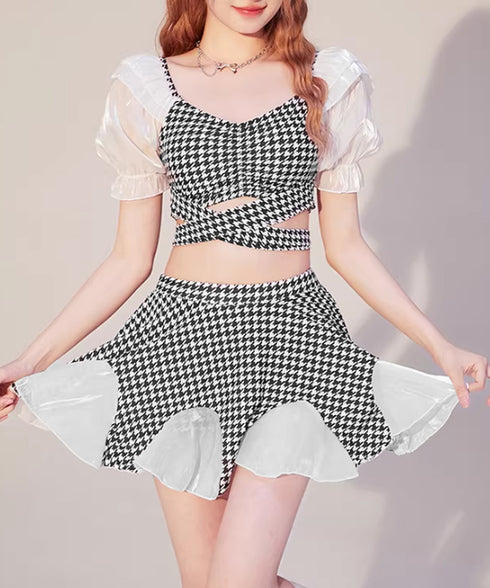 千鳥格子 セパレート水着 レディース夏海 パフスリーブ タンキニ 水着2点セット 大人可愛い インスタ映え水着 おしゃれ ビーチウェア韓国ファッション 露出控えめ 88CXH-150