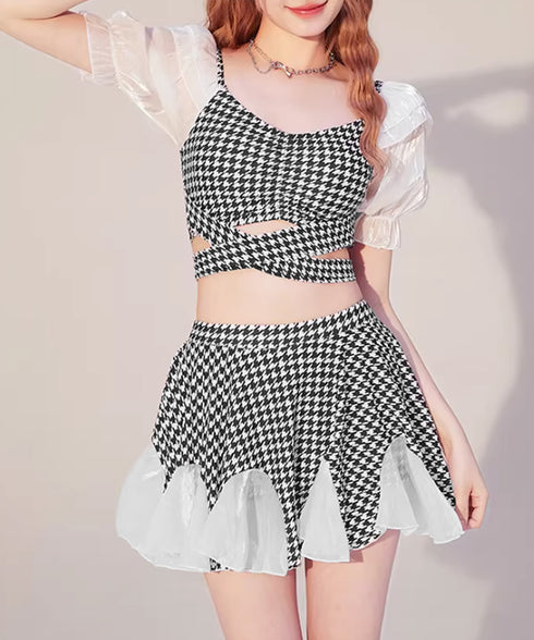 千鳥格子 セパレート水着 レディース夏海 パフスリーブ タンキニ 水着2点セット 大人可愛い インスタ映え水着 おしゃれ ビーチウェア韓国ファッション 露出控えめ 88CXH-150
