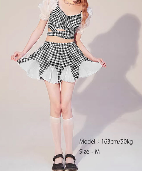 千鳥格子 セパレート水着 レディース夏海 パフスリーブ タンキニ 水着2点セット 大人可愛い インスタ映え水着 おしゃれ ビーチウェア韓国ファッション 露出控えめ 88CXH-150