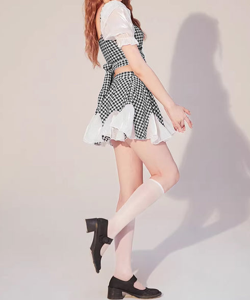 千鳥格子 セパレート水着 レディース夏海 パフスリーブ タンキニ 水着2点セット 大人可愛い インスタ映え水着 おしゃれ ビーチウェア韓国ファッション 露出控えめ 88CXH-150