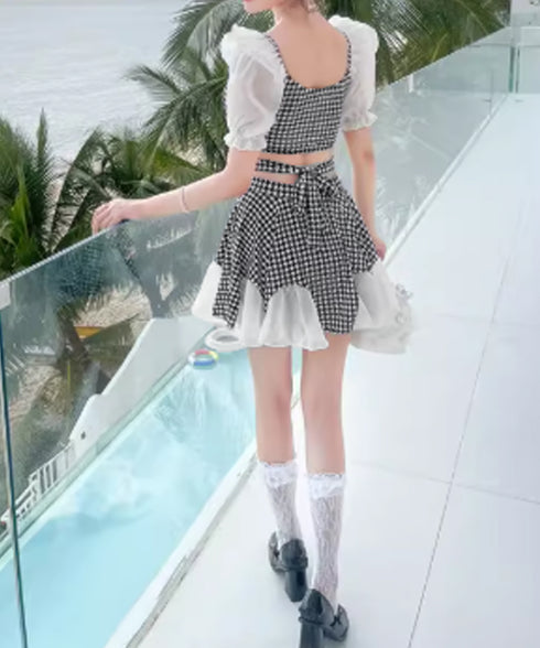千鳥格子 セパレート水着 レディース夏海 パフスリーブ タンキニ 水着2点セット 大人可愛い インスタ映え水着 おしゃれ ビーチウェア韓国ファッション 露出控えめ 88CXH-150