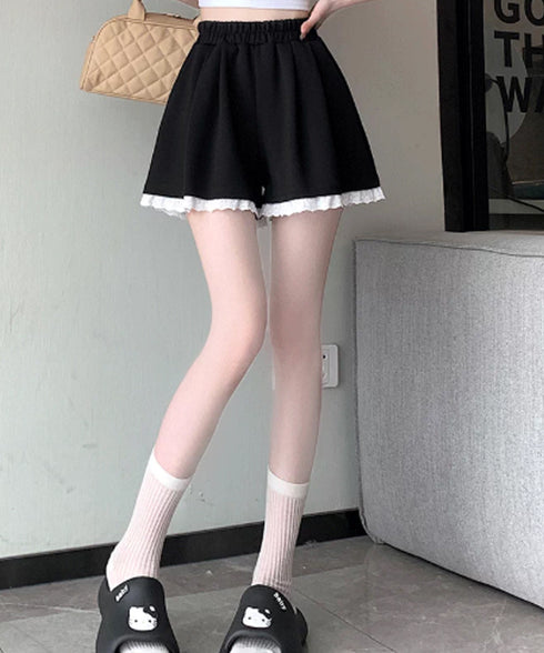 レース裾ショートパンツ レディース韓国風 大人可愛い フレア 短パンツ ウエストゴム キュロットパンツ 着やせ 美脚脚長パンツ 春夏 カジュアル 細見えパンツ 88CXH-153