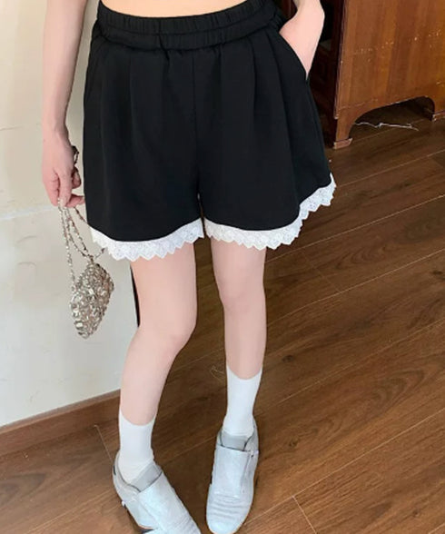 レース裾ショートパンツ レディース韓国風 大人可愛い フレア 短パンツ ウエストゴム キュロットパンツ 着やせ 美脚脚長パンツ 春夏 カジュアル 細見えパンツ 88CXH-153