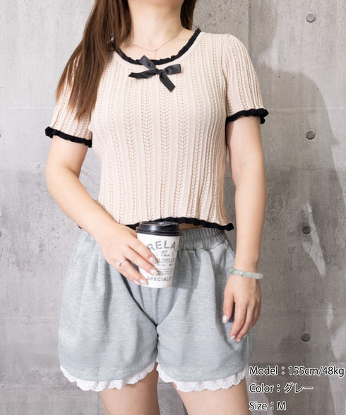 レース裾ショートパンツ レディース韓国風 大人可愛い フレア 短パンツ ウエストゴム キュロットパンツ 着やせ 美脚脚長パンツ 春夏 カジュアル 細見えパンツ 88CXH-153