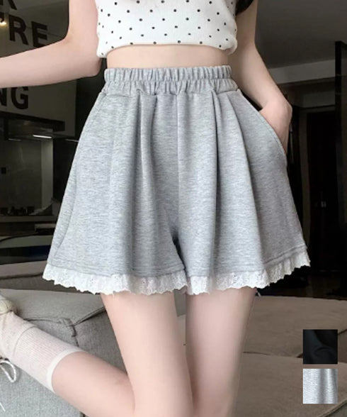 レース裾ショートパンツ レディース韓国風 大人可愛い フレア 短パンツ ウエストゴム キュロットパンツ 着やせ 美脚脚長パンツ 春夏 カジュアル 細見えパンツ 88CXH-153