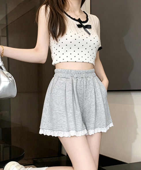 レース裾ショートパンツ レディース韓国風 大人可愛い フレア 短パンツ ウエストゴム キュロットパンツ 着やせ 美脚脚長パンツ 春夏 カジュアル 細見えパンツ 88CXH-153