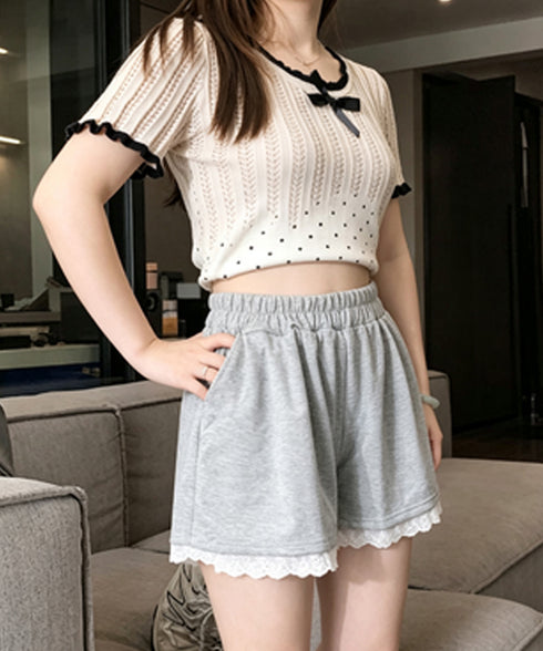 レース裾ショートパンツ レディース韓国風 大人可愛い フレア 短パンツ ウエストゴム キュロットパンツ 着やせ 美脚脚長パンツ 春夏 カジュアル 細見えパンツ 88CXH-153