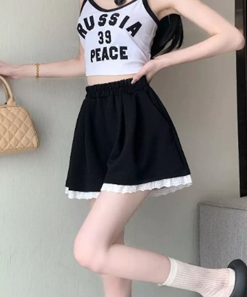 レース裾ショートパンツ レディース韓国風 大人可愛い フレア 短パンツ ウエストゴム キュロットパンツ 着やせ 美脚脚長パンツ 春夏 カジュアル 細見えパンツ 88CXH-153