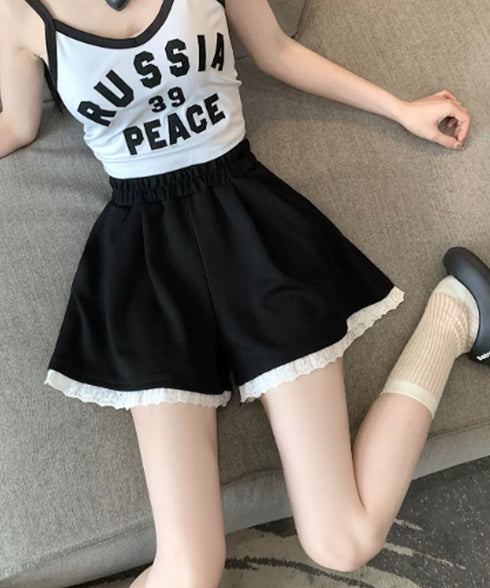 レース裾ショートパンツ レディース韓国風 大人可愛い フレア 短パンツ ウエストゴム キュロットパンツ 着やせ 美脚脚長パンツ 春夏 カジュアル 細見えパンツ 88CXH-153