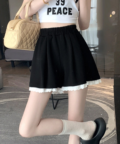 レース裾ショートパンツ レディース韓国風 大人可愛い フレア 短パンツ ウエストゴム キュロットパンツ 着やせ 美脚脚長パンツ 春夏 カジュアル 細見えパンツ 88CXH-153