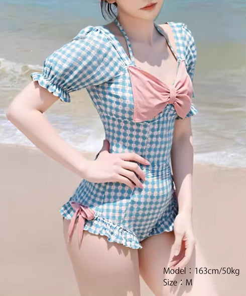 ギンガムチェック リボン ワンピース水着 大人可愛い 水着 レディース スイムウェア 露出控えめ フリル水着 ホルターネック ビーチウェア バックシャン 海外旅行 88CXH-161