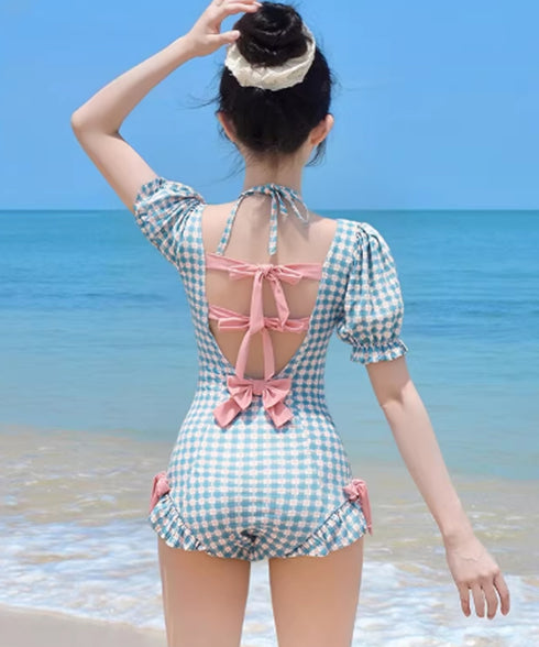 ギンガムチェック リボン ワンピース水着 大人可愛い 水着 レディース スイムウェア 露出控えめ フリル水着 ホルターネック ビーチウェア バックシャン 海外旅行 88CXH-161