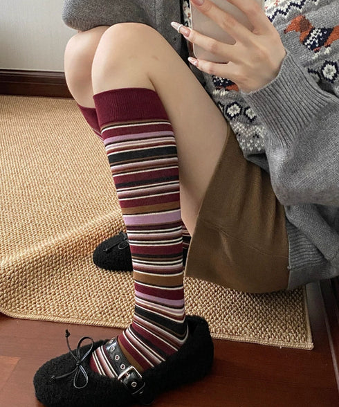 ボーダー柄 リブハイソックス 配色 靴下 レディース レトロ ロングソックス 大人可愛い ガーリー美脚靴下 韓国風 秋冬ソックス 伸縮性 ひざ下ソックス 新作人気 88CXH-164