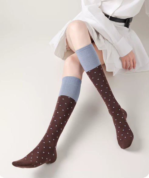 ドット柄 ハイソックス バイカラー 靴下 レディース 水玉柄 ロングソックス 大人可愛い ガーリー美脚靴下 韓国風 秋冬ソックス 伸縮性 ひざ下ソックス 新作人気 88CXH-165