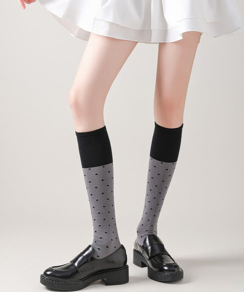 ドット柄 ハイソックス バイカラー 靴下 レディース 水玉柄 ロングソックス 大人可愛い ガーリー美脚靴下 韓国風 秋冬ソックス 伸縮性 ひざ下ソックス 新作人気 88CXH-165