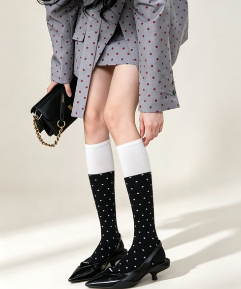 ドット柄 ハイソックス バイカラー 靴下 レディース 水玉柄 ロングソックス 大人可愛い ガーリー美脚靴下 韓国風 秋冬ソックス 伸縮性 ひざ下ソックス 新作人気 88CXH-165