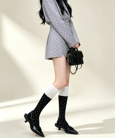 ドット柄 ハイソックス バイカラー 靴下 レディース 水玉柄 ロングソックス 大人可愛い ガーリー美脚靴下 韓国風 秋冬ソックス 伸縮性 ひざ下ソックス 新作人気 88CXH-165
