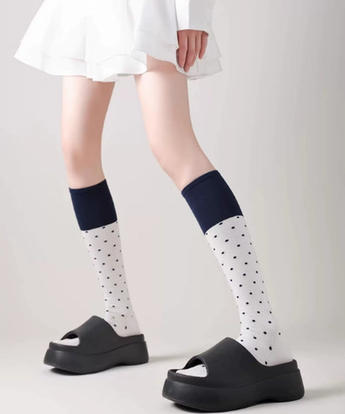 ドット柄 ハイソックス バイカラー 靴下 レディース 水玉柄 ロングソックス 大人可愛い ガーリー美脚靴下 韓国風 秋冬ソックス 伸縮性 ひざ下ソックス 新作人気 88CXH-165