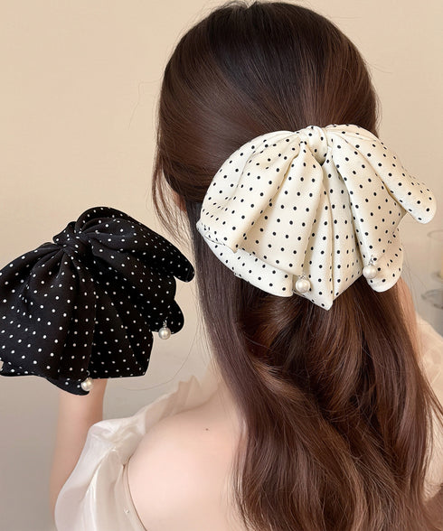 ドット柄 ビッグリボン バンスクリップ レディース 韓国風 ヘアクリップ 大人可愛い 水玉柄 ヘアアクセサリー お呼ばれヘア フェミニン 髪飾り フェイクパール 88CXH-167