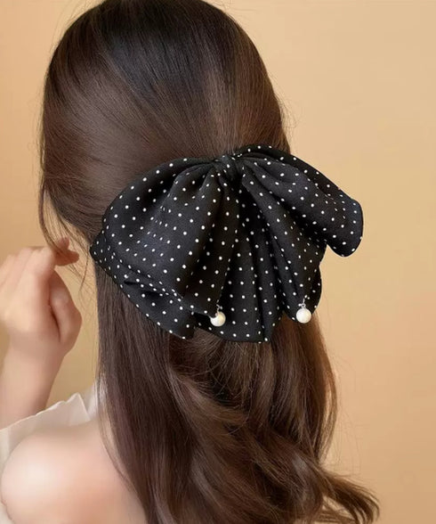 ドット柄 ビッグリボン バンスクリップ レディース 韓国風 ヘアクリップ 大人可愛い 水玉柄 ヘアアクセサリー お呼ばれヘア フェミニン 髪飾り フェイクパール 88CXH-167