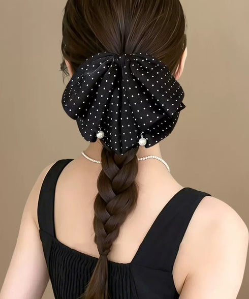 ドット柄 ビッグリボン バンスクリップ レディース 韓国風 ヘアクリップ 大人可愛い 水玉柄 ヘアアクセサリー お呼ばれヘア フェミニン 髪飾り フェイクパール 88CXH-167