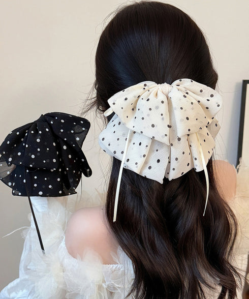 ドット柄 シフォンリボン バンスクリップ レディース 韓国風 ビッグリボン ヘアクリップ 大人可愛い 水玉柄 ヘアアクセサリー お呼ばれヘア フェミニン 髪飾り 88CXH-168