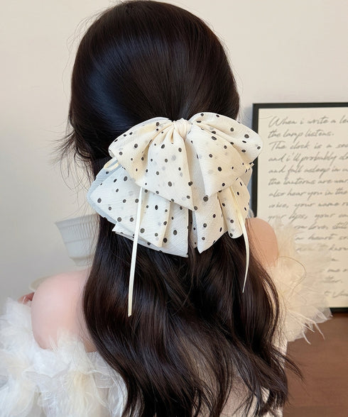 ドット柄 シフォンリボン バンスクリップ レディース 韓国風 ビッグリボン ヘアクリップ 大人可愛い 水玉柄 ヘアアクセサリー お呼ばれヘア フェミニン 髪飾り 88CXH-168