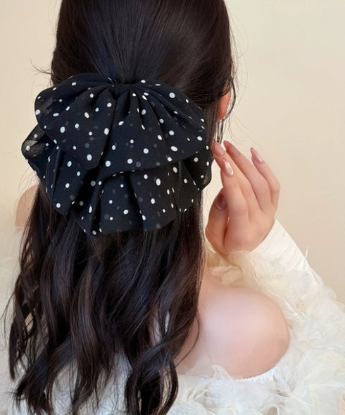 ドット柄 シフォンリボン バンスクリップ レディース 韓国風 ビッグリボン ヘアクリップ 大人可愛い 水玉柄 ヘアアクセサリー お呼ばれヘア フェミニン 髪飾り 88CXH-168