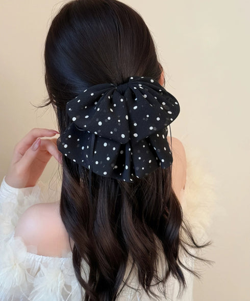 ドット柄 シフォンリボン バンスクリップ レディース 韓国風 ビッグリボン ヘアクリップ 大人可愛い 水玉柄 ヘアアクセサリー お呼ばれヘア フェミニン 髪飾り 88CXH-168