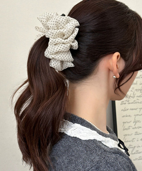 ドット柄 シフォンフリル バナナクリップ おしゃれ ヘアアクセサリー レディース ヘアクリップ 清楚 まとめ髪 大人かわいい ヘアアレンジ フェミニン 簡単髪留め 88CXH-169
