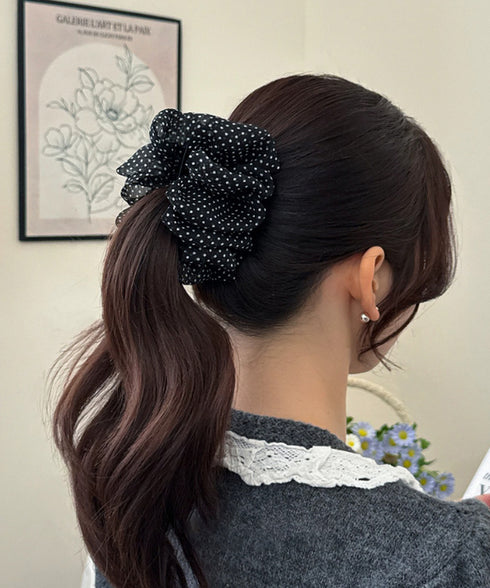 ドット柄 シフォンフリル バナナクリップ おしゃれ ヘアアクセサリー レディース ヘアクリップ 清楚 まとめ髪 大人かわいい ヘアアレンジ フェミニン 簡単髪留め 88CXH-169
