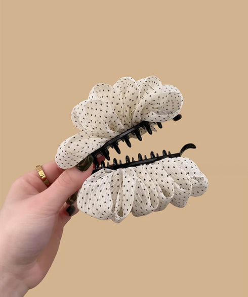 ドット柄 シフォンフリル バナナクリップ おしゃれ ヘアアクセサリー レディース ヘアクリップ 清楚 まとめ髪 大人かわいい ヘアアレンジ フェミニン 簡単髪留め 88CXH-169