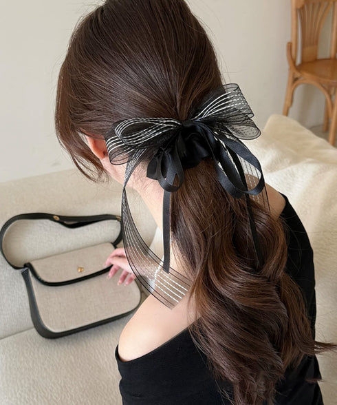 シアー ストライプリボン シュシュ韓国風 おしゃれ ロングリボン ヘアゴム レディース 大人可愛い ヘアアクセサリー フェミニン まとめ髪 お呼ばれヘア 上品清楚 88CXH-171