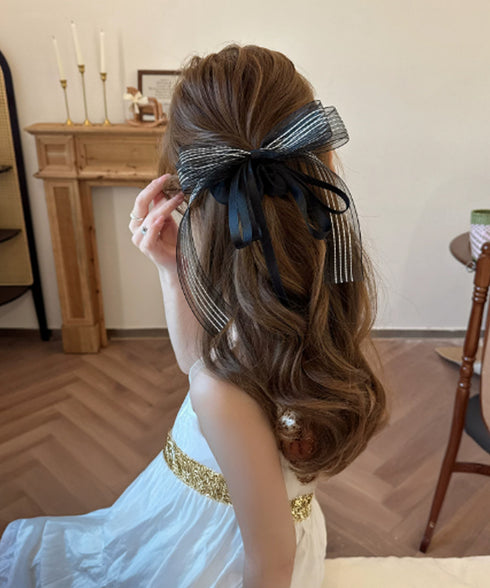 シアー ストライプリボン シュシュ韓国風 おしゃれ ロングリボン ヘアゴム レディース 大人可愛い ヘアアクセサリー フェミニン まとめ髪 お呼ばれヘア 上品清楚 88CXH-171