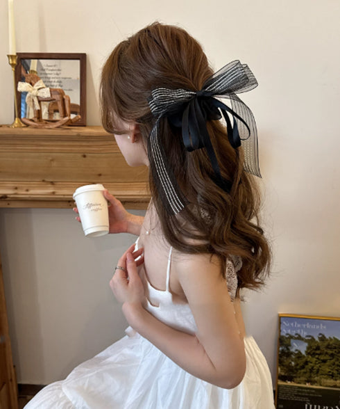 シアー ストライプリボン シュシュ韓国風 おしゃれ ロングリボン ヘアゴム レディース 大人可愛い ヘアアクセサリー フェミニン まとめ髪 お呼ばれヘア 上品清楚 88CXH-171