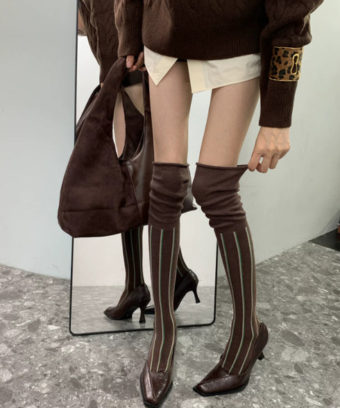 縦ラインデザイン ニーハイソックス 美脚 レディース ロングソックス 大人可愛い ガーリー 細見靴下 韓国風 秋冬ソックス 伸縮性 オーバーニーソックス 新作人気 88CXH-186