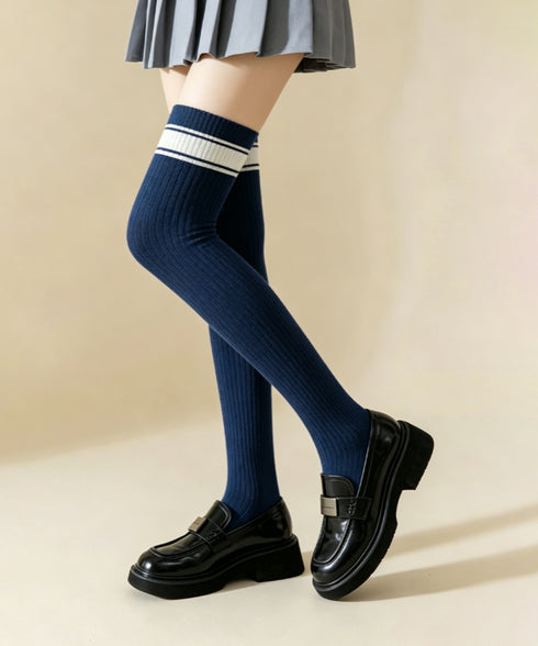 リブニーハイソックス ライン入り 靴下 レディース ロングソックス 大人可愛い ガーリー 美脚靴下 韓国風 秋冬ソックス 伸縮性 オーバーニーソックス 新作人気 88CXH-187