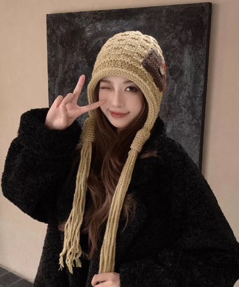 配色パッチ付き ボンネット風 ニット帽 レディース 可愛い 耳当て付き ニットぼうし 被りやすい ニットキャップ 韓国風ニット帽 大人カジュアル 防寒帽子 秋冬 88CXH-193