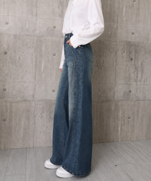 ヴィンテージ フレア デニムパンツ韓国風 ゆったり ロングストレートパンツ レディース ハイウエスト ジーパン着やせ 細見えボトムス 脚長 体型カバー 春夏秋冬 88CXH-194