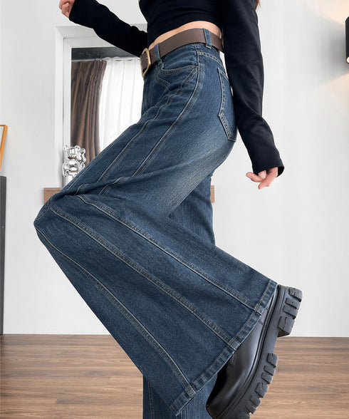 ヴィンテージ フレア デニムパンツ韓国風 ゆったり ロングストレートパンツ レディース ハイウエスト ジーパン着やせ 細見えボトムス 脚長 体型カバー 春夏秋冬 88CXH-194