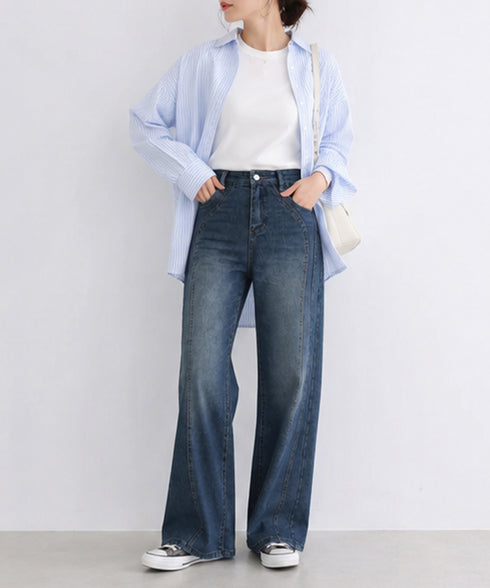 ヴィンテージ フレア デニムパンツ韓国風 ゆったり ロングストレートパンツ レディース ハイウエスト ジーパン着やせ 細見えボトムス 脚長 体型カバー 春夏秋冬 88CXH-194